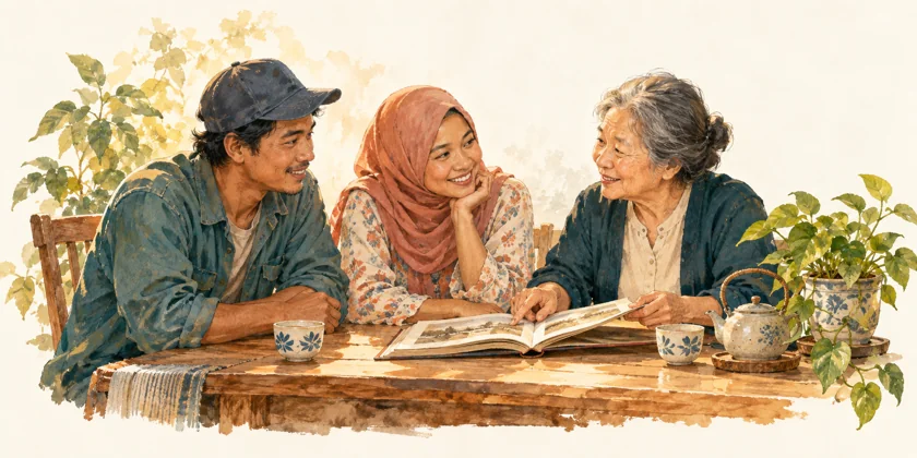 暖色手繪插畫：移工與在地長者圍坐閱讀、交流。
